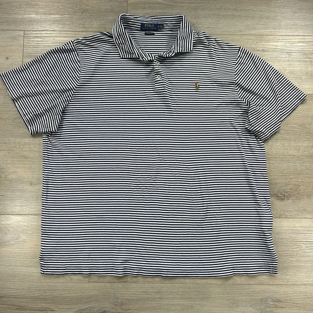 Polo Ralph Lauren XL Navy Blue Striped Classic Fit Cotton Polo Shirt Flesh Pony